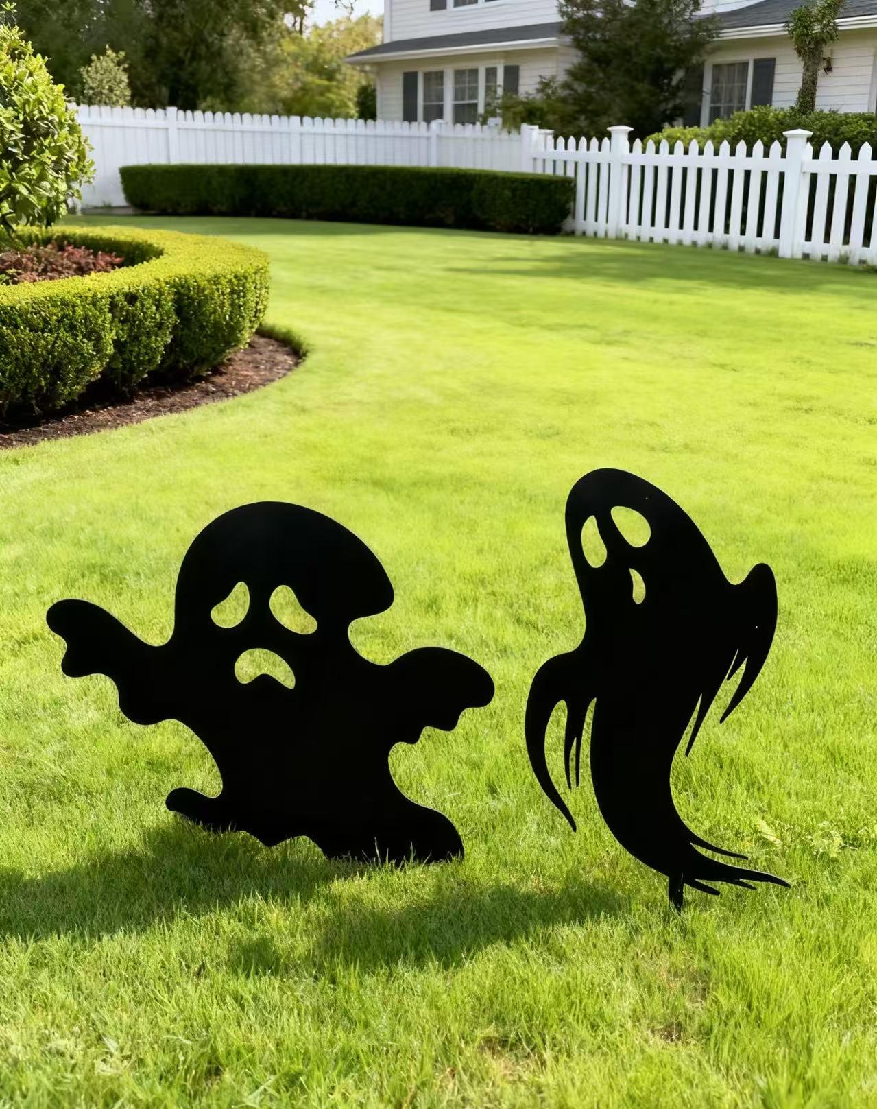 2pcs Halloween Ghost Metal Yard Sign, Funny Metal Decor, Spooky Outdoor Garden Decor Set, Witch Design Metal Stake, Metal Ghost Yard Art