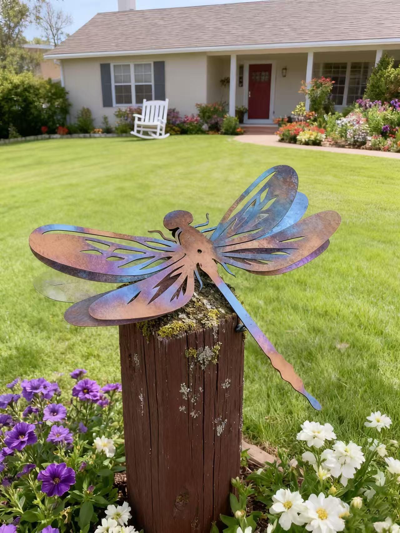 3D Dragonfly Garden Stake Fence Decor, Heat Colored Metal Dragonfly Sculpture, Handmade Metal Insect, Yard Tree Decor, Gift For Insect Lover