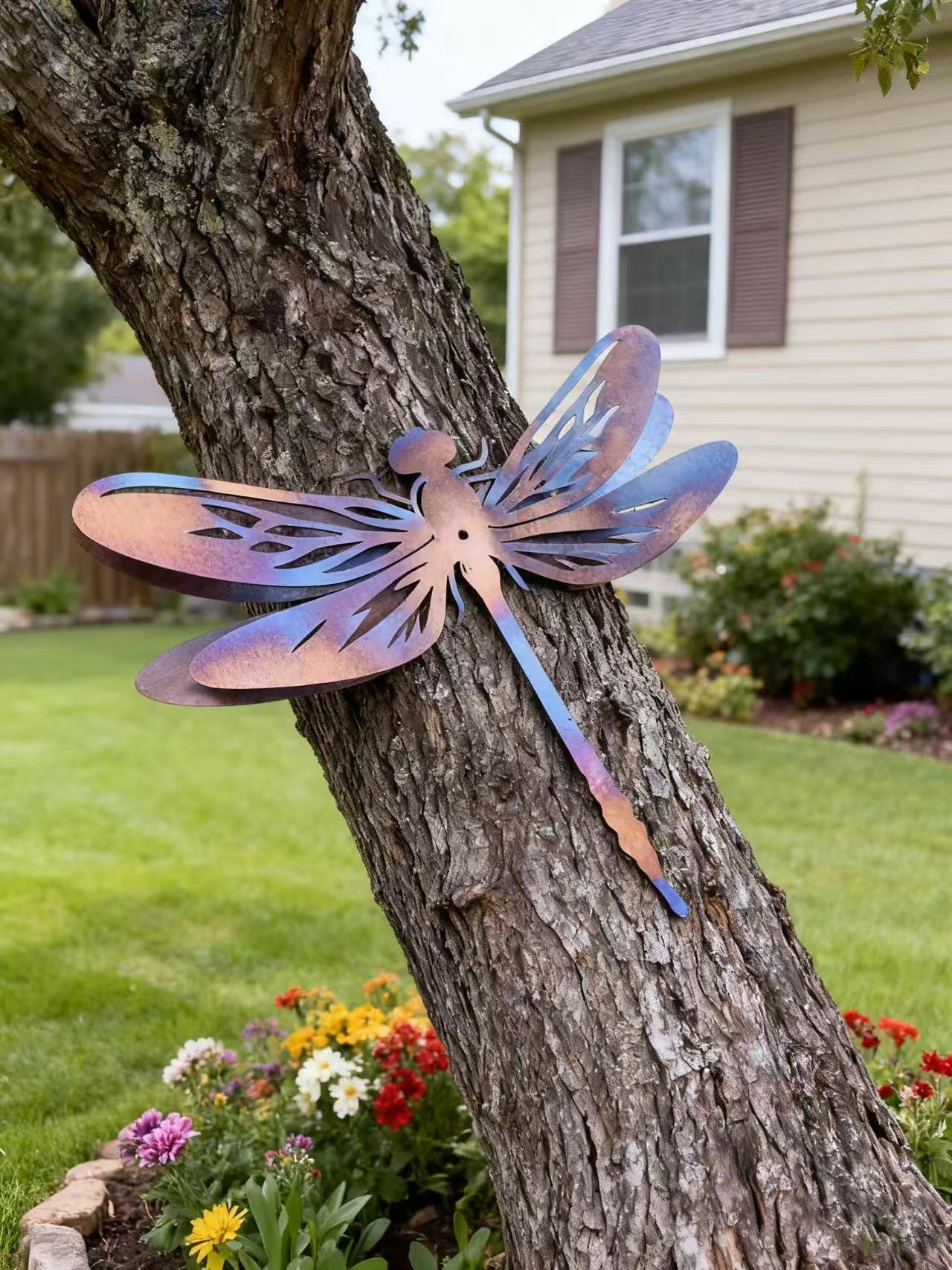 3D Dragonfly Garden Stake Fence Decor, Heat Colored Metal Dragonfly Sculpture, Handmade Metal Insect, Yard Tree Decor, Gift For Insect Lover