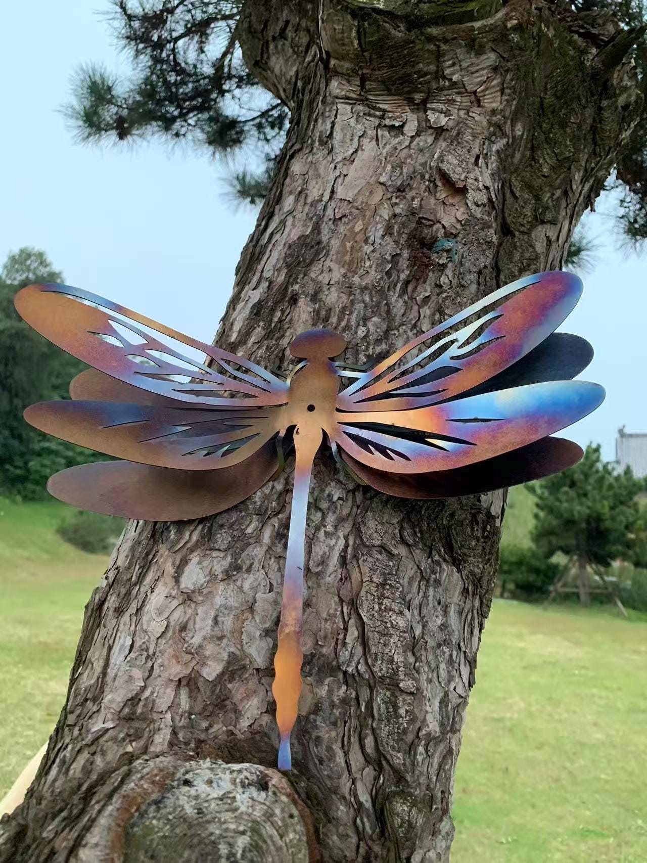 3D Dragonfly Garden Stake Fence Decor, Heat Colored Metal Dragonfly Sculpture, Handmade Metal Insect, Yard Tree Decor, Gift For Insect Lover