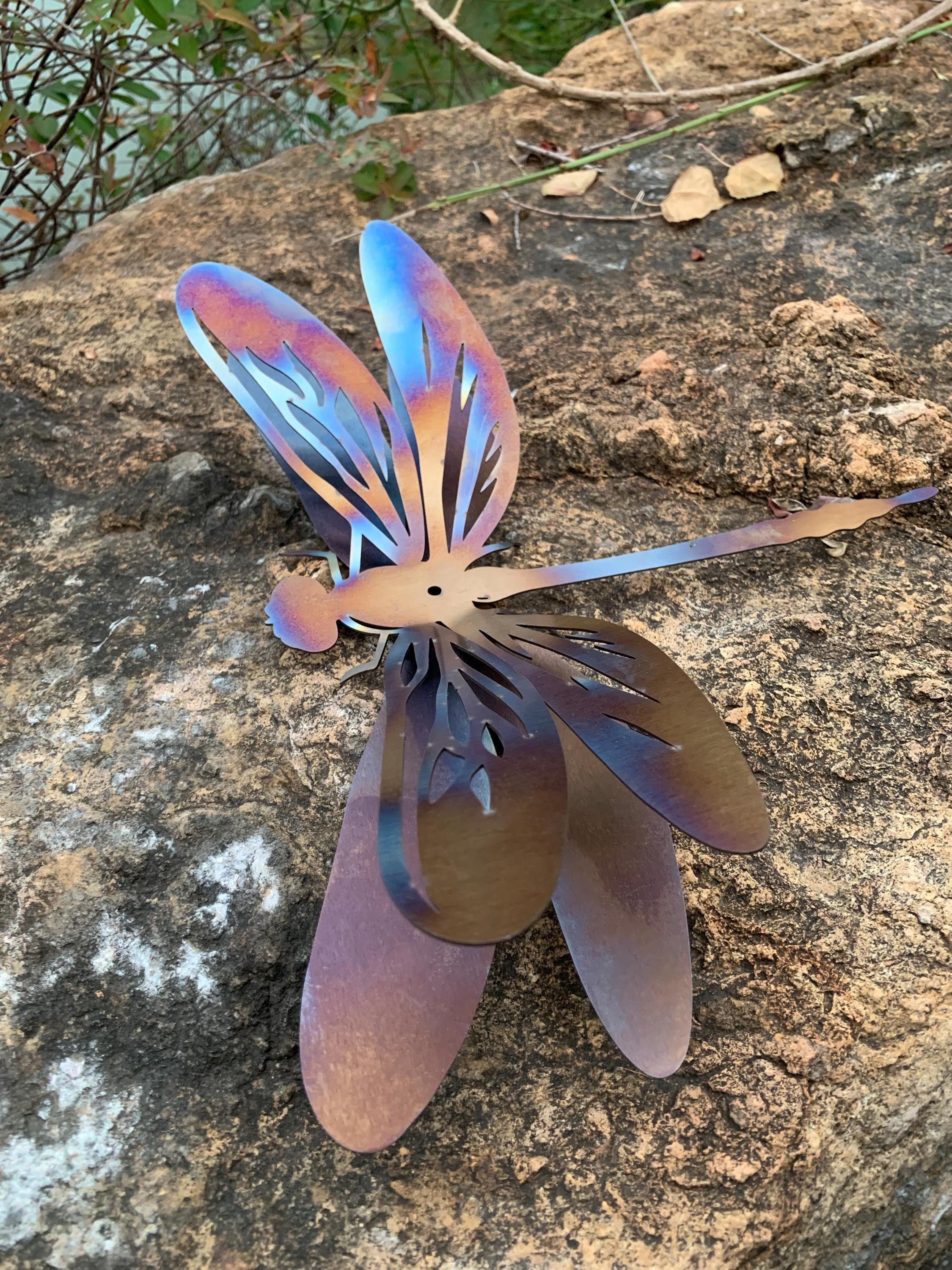 3D Dragonfly Garden Stake Fence Decor, Heat Colored Metal Dragonfly Sculpture, Handmade Metal Insect, Yard Tree Decor, Gift For Insect Lover